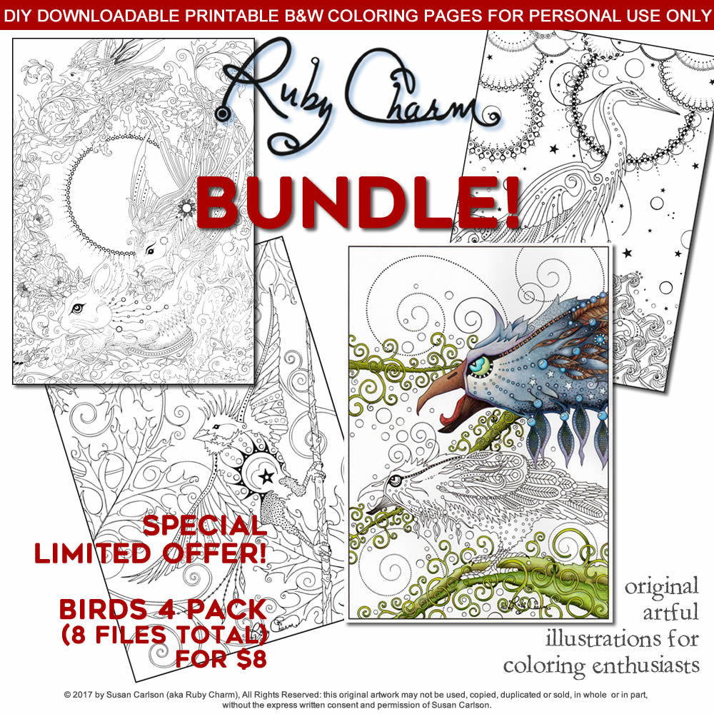 Bird Bundle: downloadable printable 8-page PDF for coloring