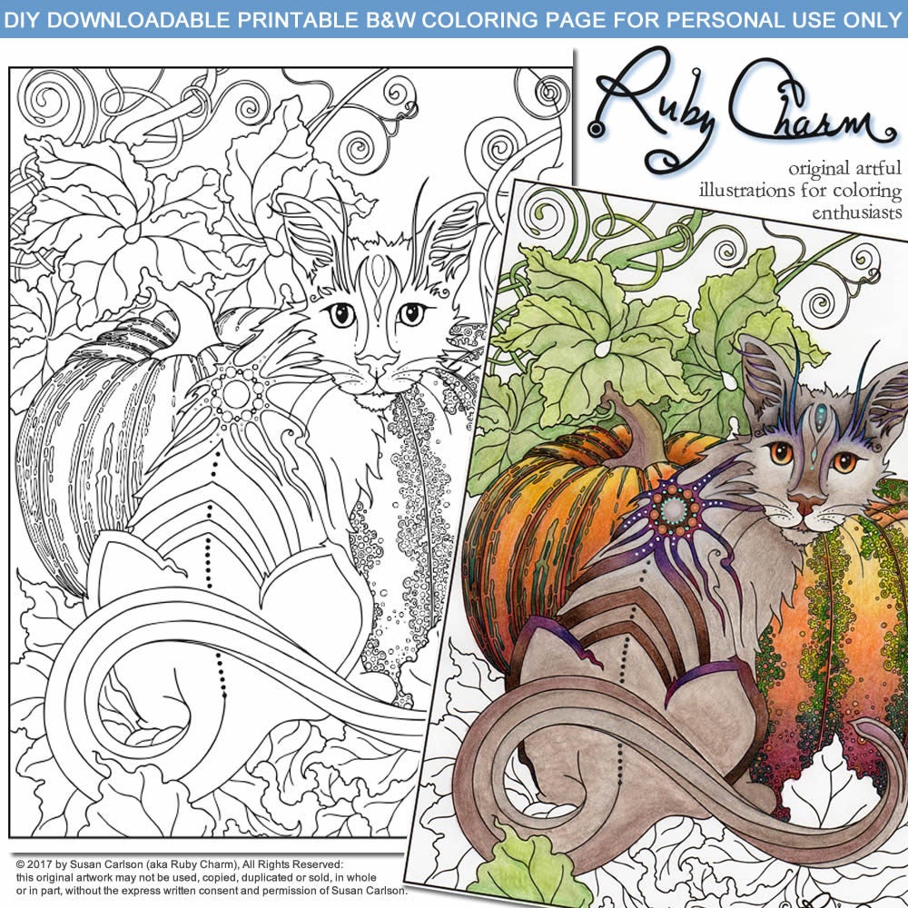 AUTUMN CAT: Downloadable printable 2-page PDF for coloring