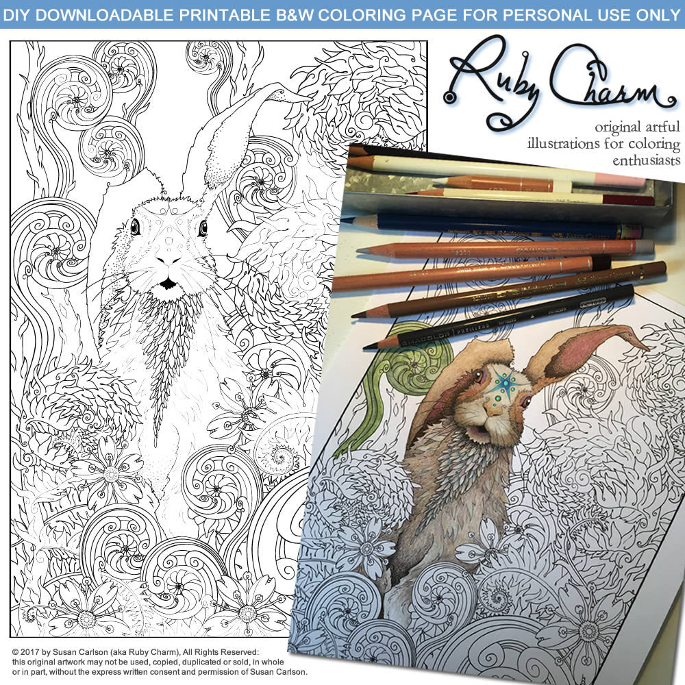 Spring Rabbit: downloadable printable 2-page PDF for coloring