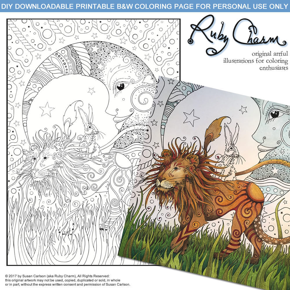 Lion, Hare and Moon: downloadable printable 2-page PDF for coloring