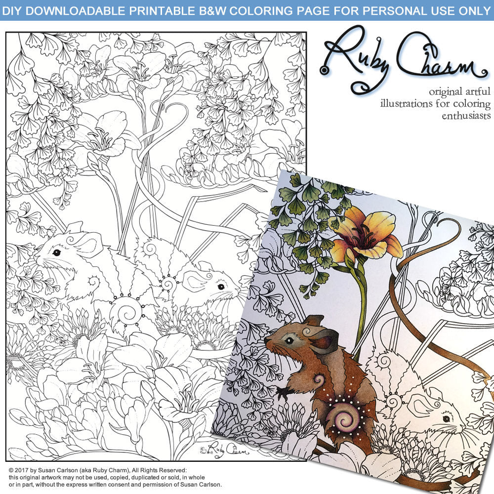 Mice in Freesia: downloadable printable 2-page PDF for coloring
