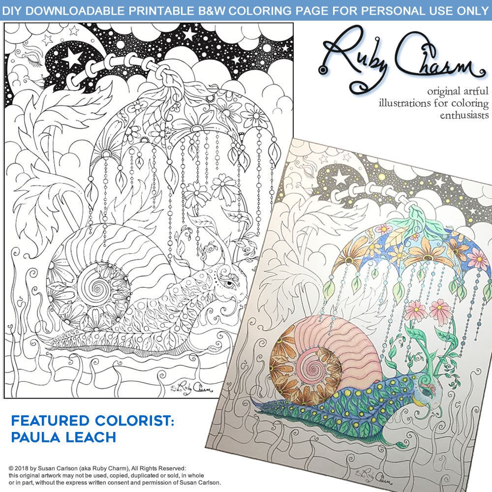 Snail with Umbrella: downloadable printable 2-page PDF for coloring