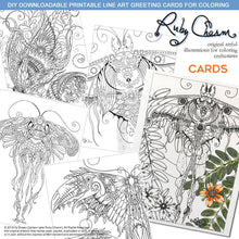 Load image into Gallery viewer, Butterflies and Moths: DIY downloadable printable cards (8 designs - 16 page PDF) for coloring
