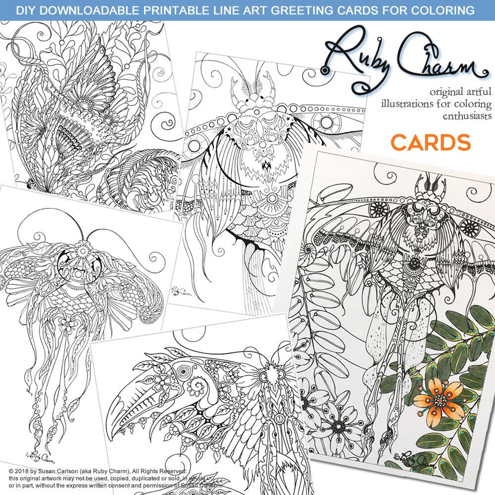 Butterflies and Moths: DIY downloadable printable cards (8 designs - 16 page PDF) for coloring