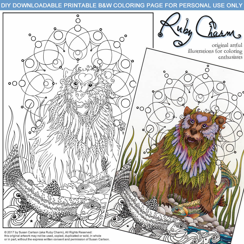 Bear with Fish: downloadable printable 2-page PDF for coloring