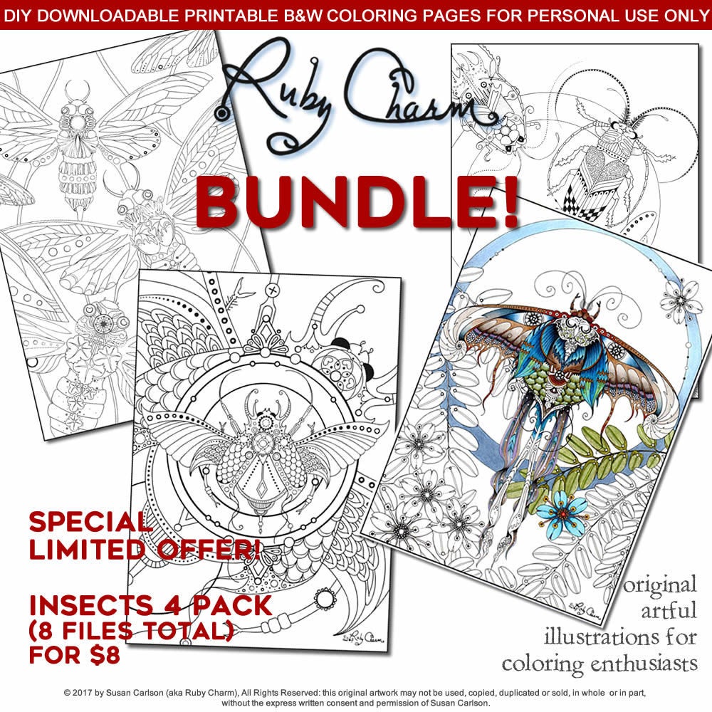 Insects Bundle: downloadable printable 8-page PDF for coloring