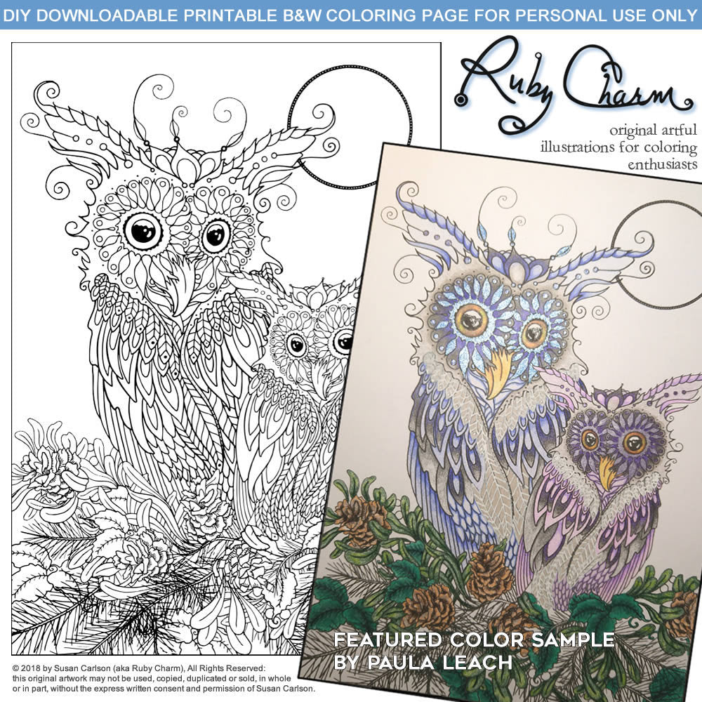 Mama and Baby Owl: downloadable printable 2-page PDF for coloring