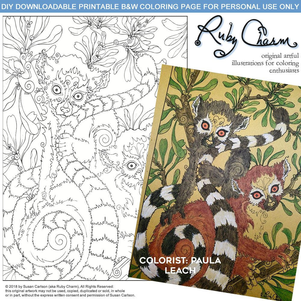 Lemurs: downloadable printable 2-page PDF for coloring