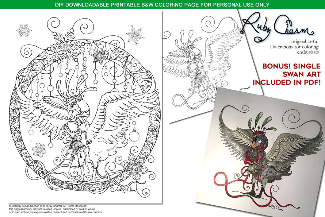 Holiday Swan: downloadable printable 3-page PDF for coloring