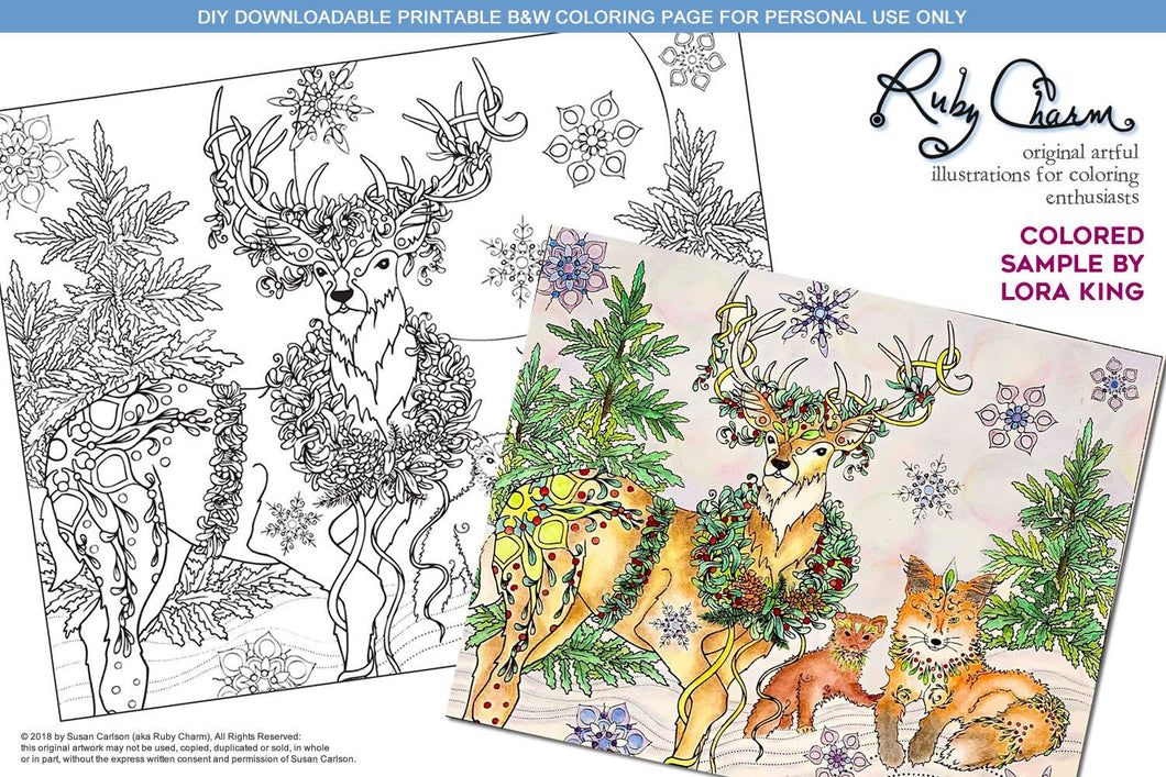 Holiday Deer Mink and Fox: downloadable printable 2-page PDF for coloring