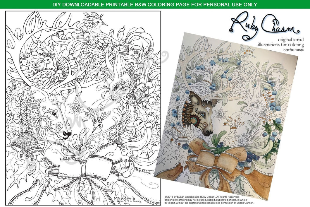 Christmas Holiday Animal Wreath: downloadable printable 2-page PDF for coloring