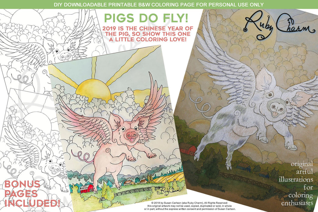 Flying Pig: downloadable printable 4-page PDF for coloring