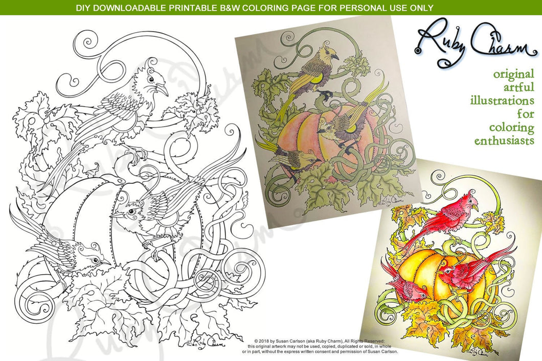 3 Birds on Pumpkin: downloadable printable 2-page PDF
