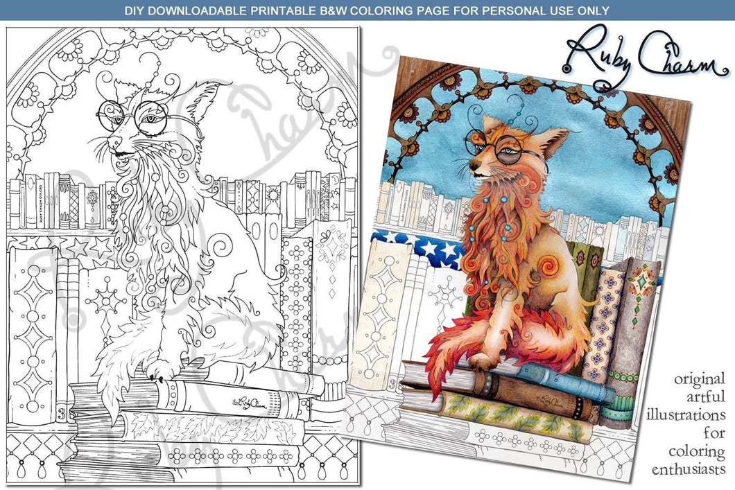 Fox in the Library: downloadabe printable 2-page PDF for coloring