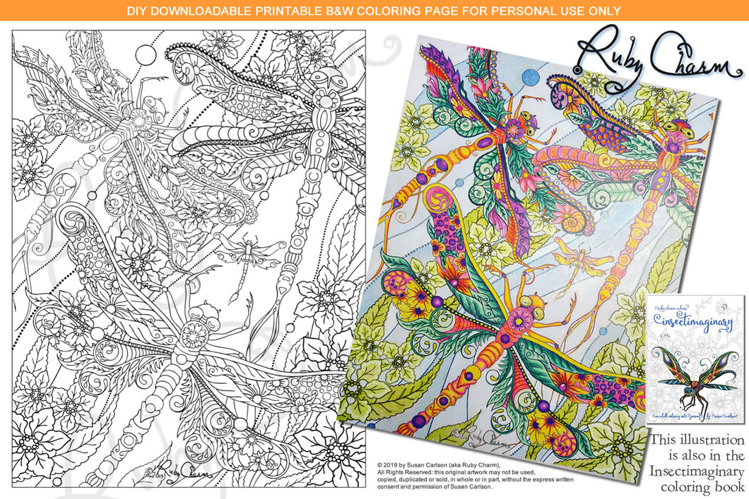 Insectimaginary Streamer Dragonflies: downloadable printable 2-page PDF for coloring