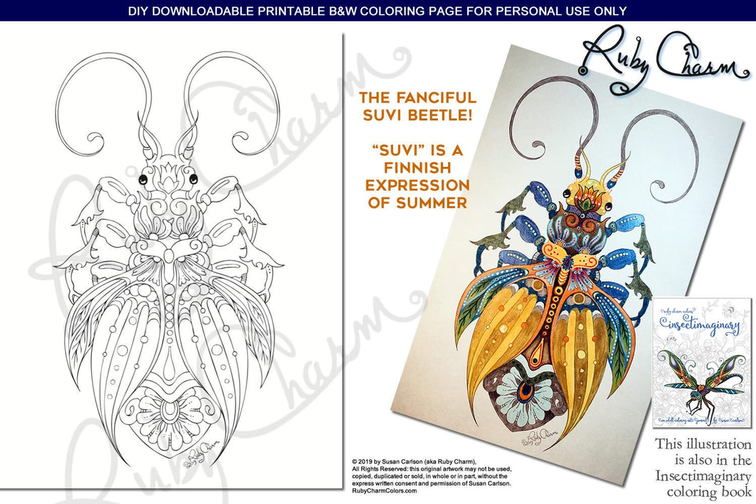 Insectimaginary Suvi Beetle: downloadable printable 2-page DPF for coloring