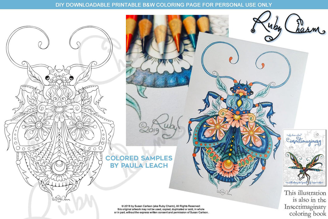 Insectimaginary Behati Beetle: downloadable printable 2-page PDF for coloring