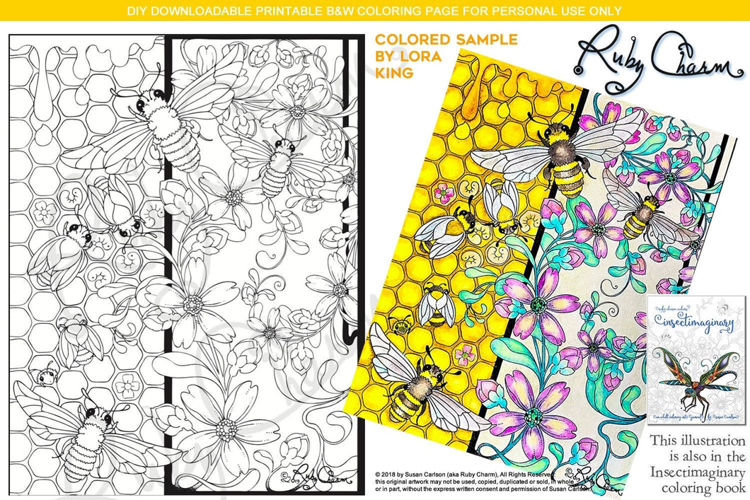 Insectimaginary Honeycomb Honeybees: downloadable printable 2-page PDF for coloring