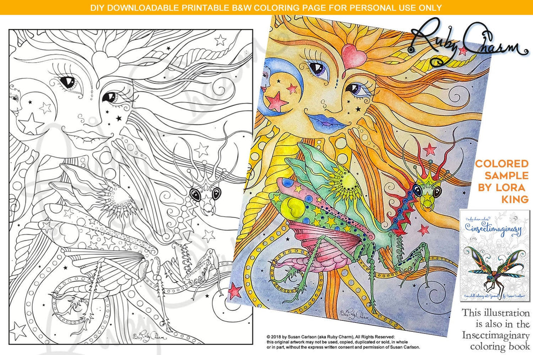 Insectimaginary Cosmic Ziggy Mantis: downloadable printable 2-page PDF for coloring