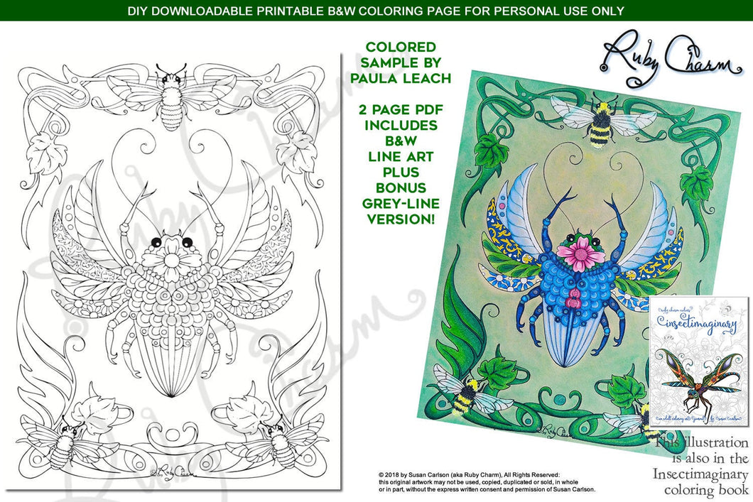 Insectimaginary Amuletta Botanicus: downloadable printable 2-page PDF for coloring