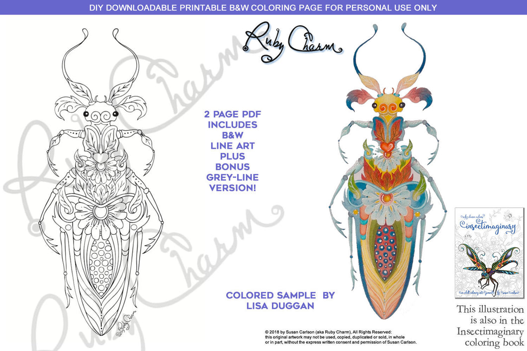 Insectimaginary Fiorenza Beetle: downloadable printable 2-page PDF for coloring