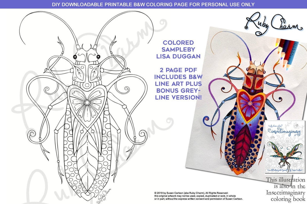 Insectimaginary Ozara Beetle: downloadable printable 2-page PDF for coloring