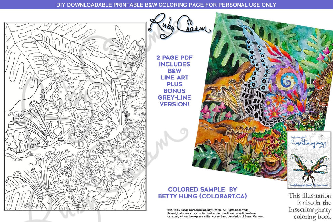 Insectimaginary Chantrelle Butterfly: downloadable printable 2-page PDF for coloring