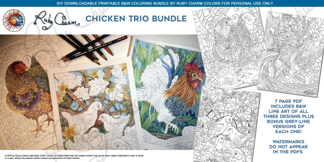 Chicken Trio Bundle: downloadable printable 6-page PDF for coloring