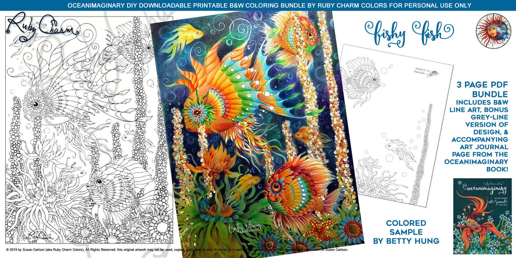 Oceanimaginary Fishy Fish: downloadable printable 3-page PDF for coloring