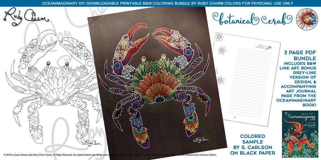 Oceanimaginary Botanical Crab: downloadable printable 3-page PDF for coloring
