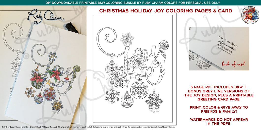 Holiday JOY: downloadable printable 5-page PDF for coloring