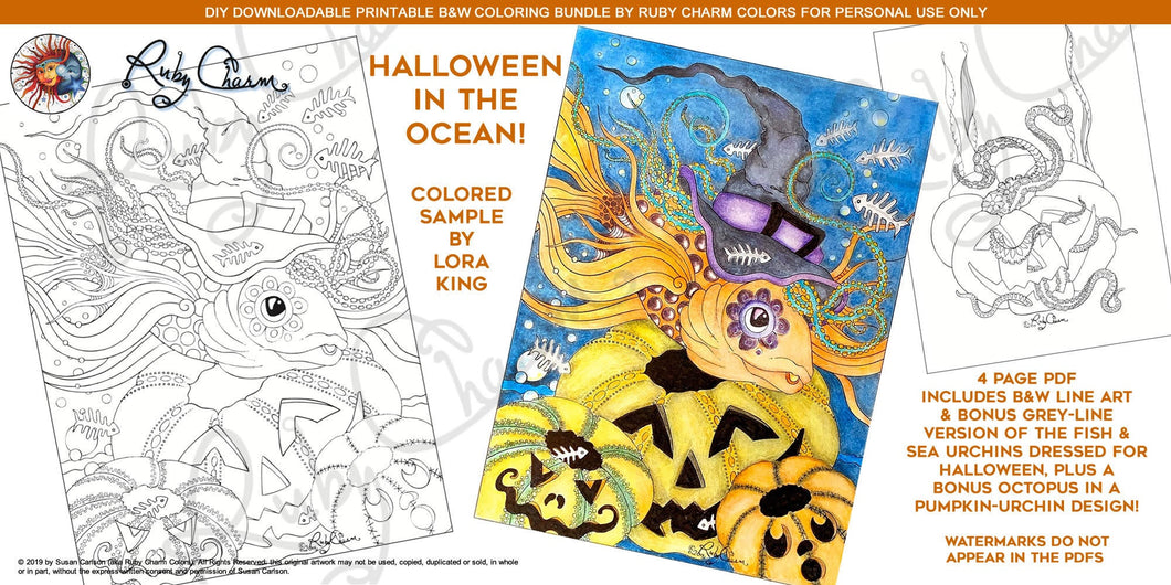 Halloween in the Ocean: downloadable printable 2-page PDF for coloring