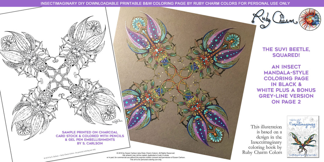 Insectimaginary Suvi Beetle Squared: downloadable printable 2-page PDF for coloring