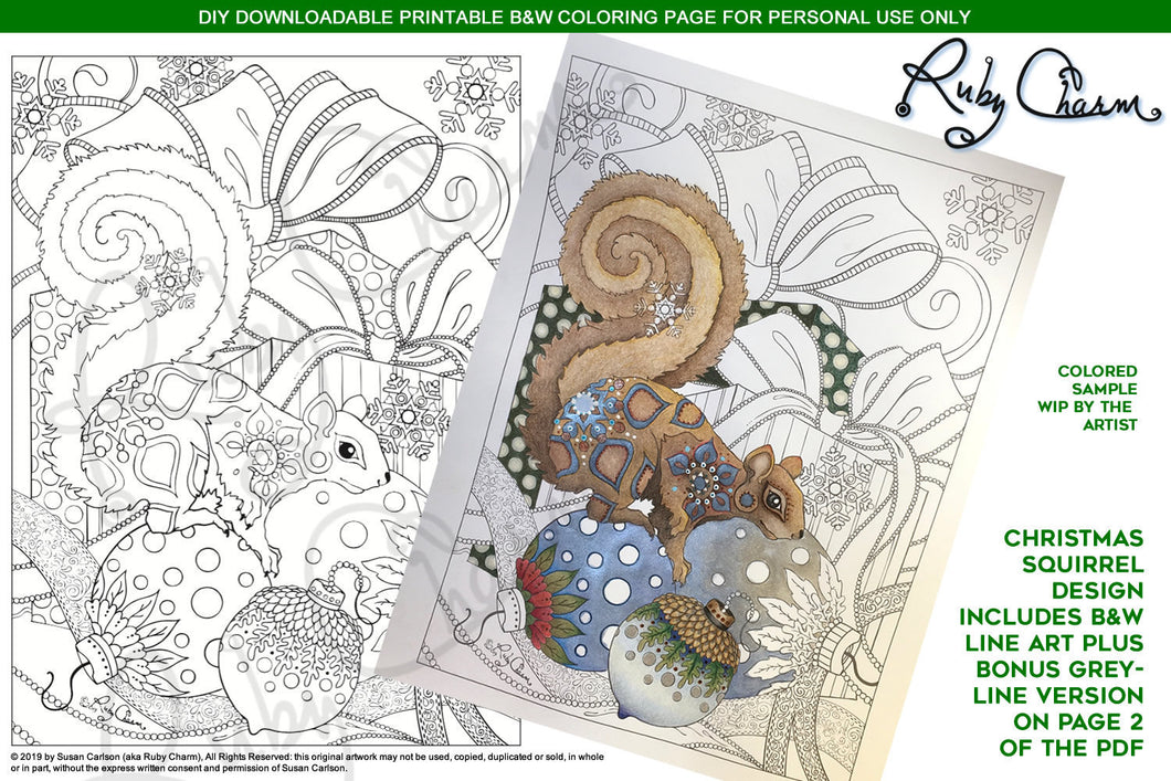 Holiday Squirrel: downloadable printable 2-page PDF for coloring