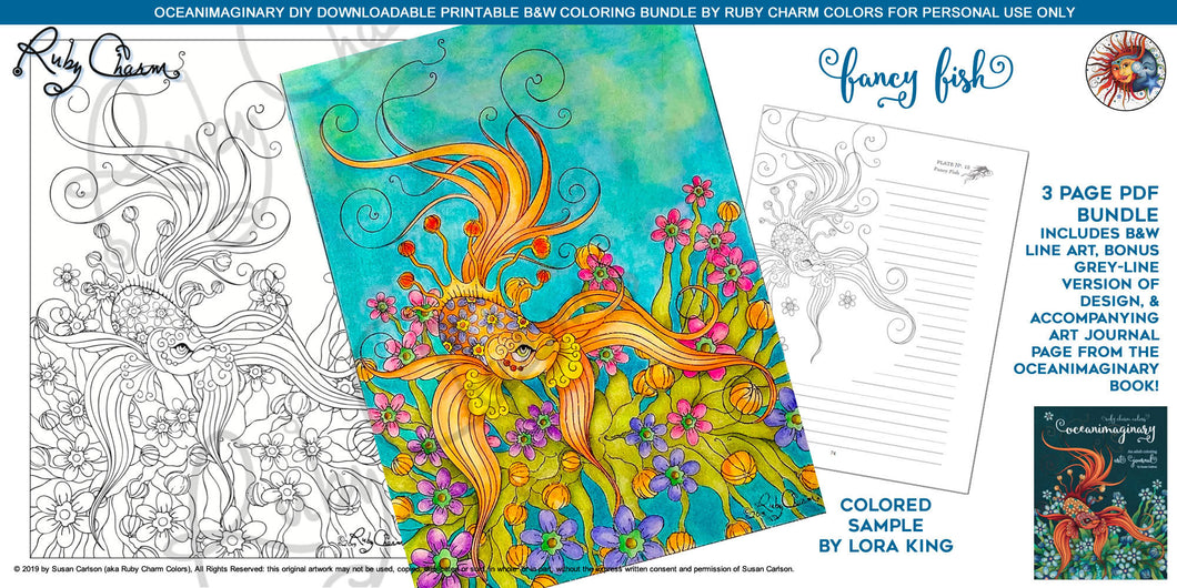 Oceanimaginary Fancy Fish: downloadable printable 3-page PDF for coloring