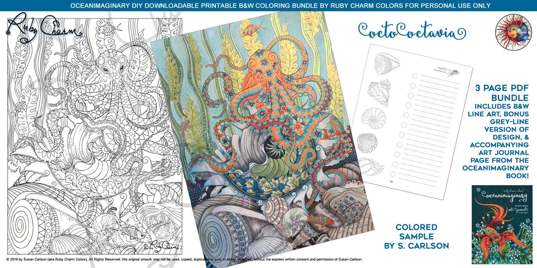 Oceanimaginary Octo Octavia: downloadable printable 3-page PDF for coloring