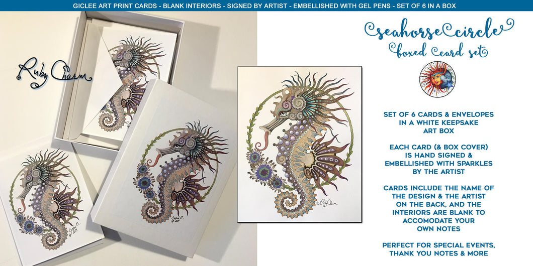 Set of 6 giclee, artist-signed greeting cards w/envelopes: Seahorse Circle