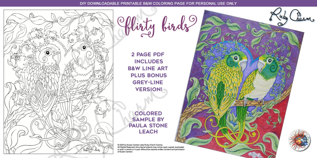 Flirty Birds: downloadable printable 2-page PDF for coloring