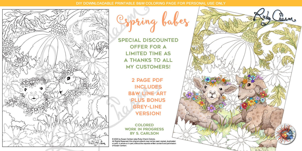 Spring Babes: downloadable printable 2-page PDF for coloring