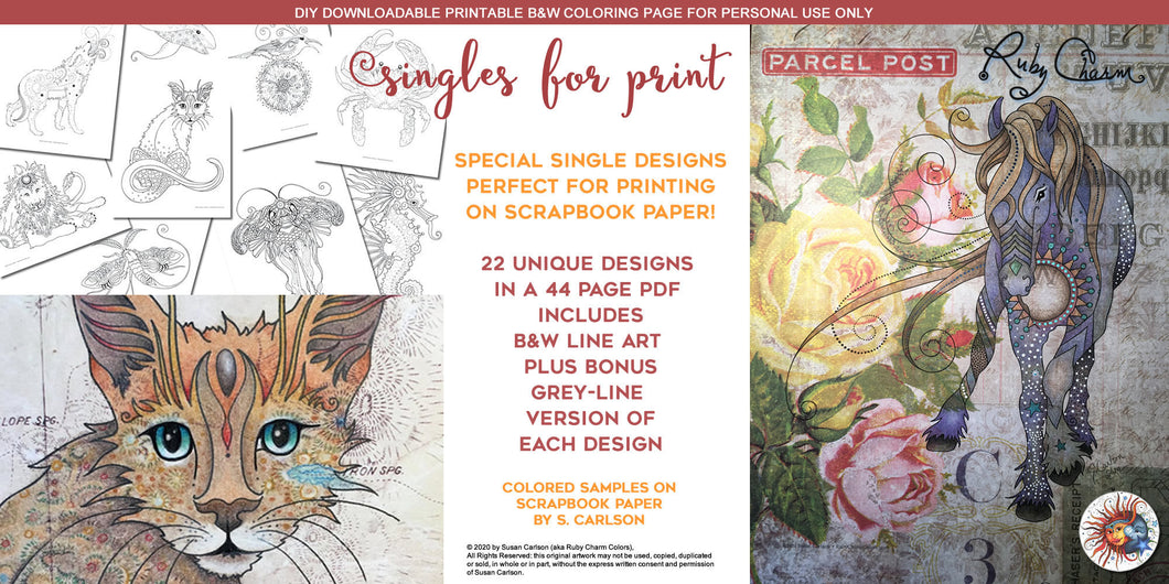 Singles for Print: downloadable printable 44-page PDF with 22 designs for coloring