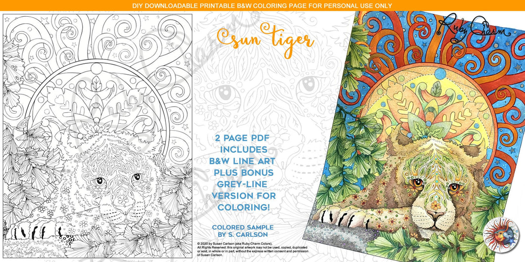 Sun Tiger: downloadable printable 2-page PDF for coloring