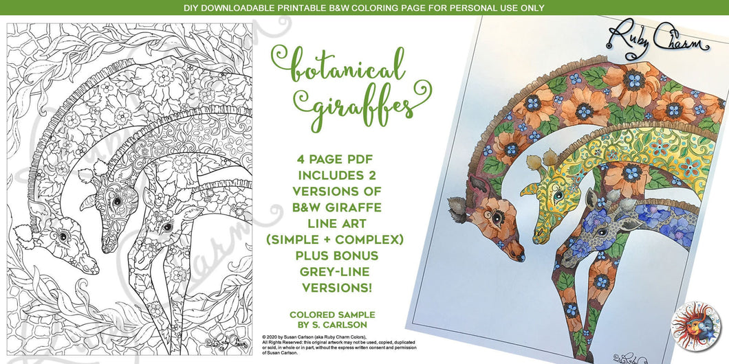 Botanical Giraffes: downloadable printable 4-page PDF for coloring