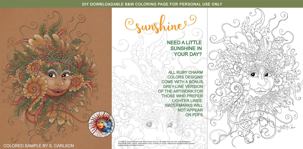 Sunshine: downloadable printable 2-page PDF for coloring