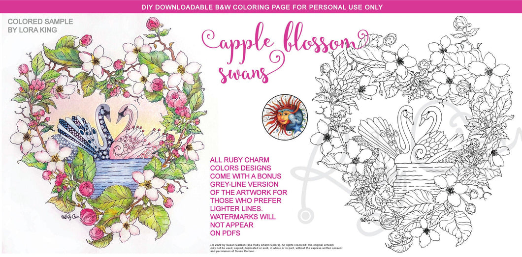 Apple Blossom Swans VALENTINE: downloadable printable 2-page PDF for coloring