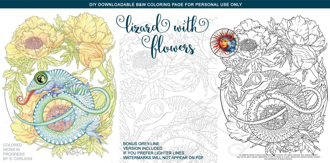 Lizard with Flowers: downloadable printable 2-page PDF for coloring