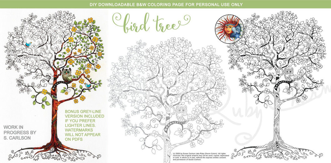Bird Tree: downloadable printable 2-page PDF for coloring