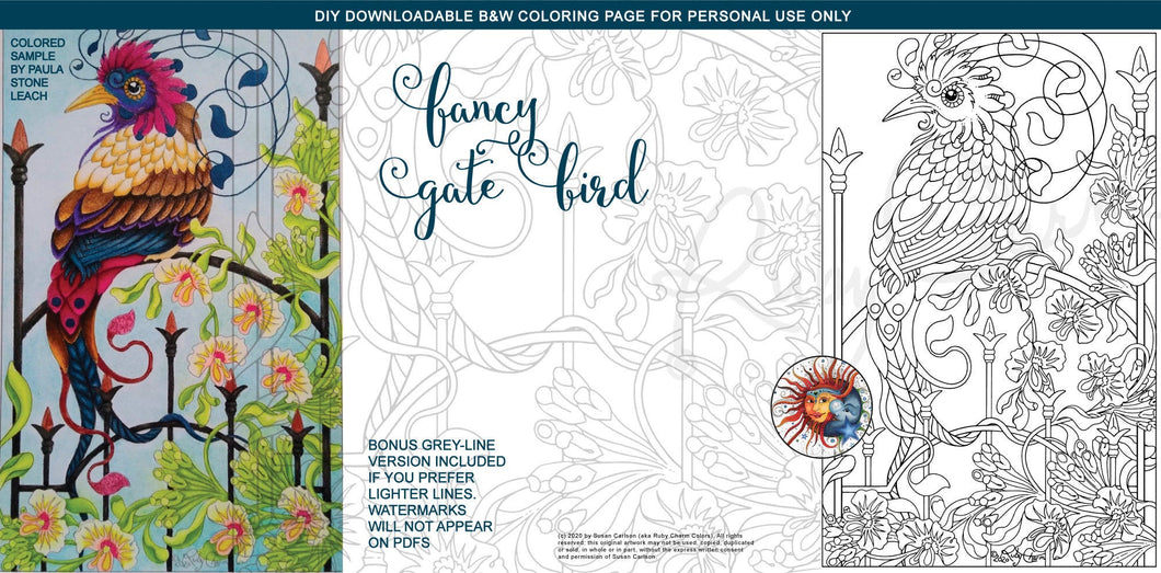 Fancy Gate Bird: downloadable printable 2-page PDF for coloring