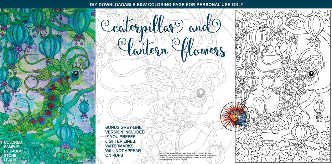 Caterpillar with Lantern Flowers: downloadable printable 2-page PDF for coloring