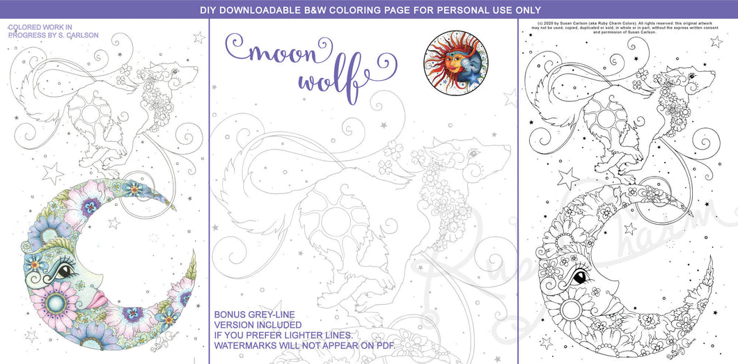 Moon Wolf: downloadable printable 2-page PDF for coloring