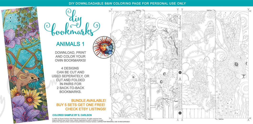 Animals Set 1 Bookmarks: downloadable printable 1-page PDF for coloring and DYI